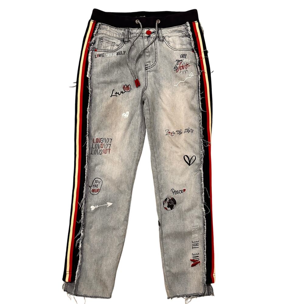 Desigual "Clemente" Boyfriend Track Embroidered Denim Jogger Jeans, size S